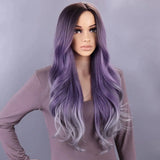Popxstar Long Wavy Middle Part Wig Purple Natural Wigs for Women Heat Resistant Ombre Purple Gray Wig Daliy Party 28 Inch Synthetic Wigs