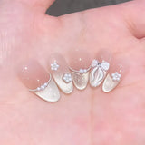 24pcs Red Cat Eye Press on Nails Pearl Heart Stick on Nails Bow French Fake Nails Sweet Cute Flower Nail Almond 3D False Nail