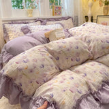 3/4Pcs Bedding Set Korean Country Style Purple Ruffle Duvet Cover Bed Sheets With Pillowcase Double Bed Linen Cotton Four-Season