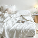 Popxstar INS Style White Pink Quilted Ruffles Quilt Blanket Bedspread Washed Solid Color Korean Princess Style Summer Thin Quilt 1/3Pc