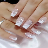 Popxstar 24pcs Fashion Nude Fake Nails White Lines French Design Ballet Press on Nails Mid-length Simple Ins Square Fake Nail Reusable