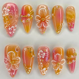 Popxstar 24pcs White Flower Fake Nail Tips Ins Yellow Pink Blush False Nails Wearable Full Cover European Almond Shaped Press on Nails