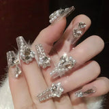 Popxstar 24Pcs Three-dimensional Love Heart False Nails with French Design Long Coffin Wearable Fake Nails Rhinestone Press on Nails Tips