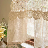 Rustic Cutout Lace Splicing Curtain with Tab Top Imitation Hemp Vintage Farmhouse Curtain Kitchen Window Half Curtain