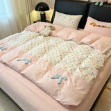3/4Pcs Bedding Set Bed Sheets Full Set 100% Cotton Checkered Bow Pink Duvet Cover Cute Core Princess Bedding Four-Season