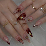 Popxstar  24pcs Wine Red False Nails Sets Finished Flower Design Long Almond Fake Nail Tips Detachable Fashion Spicy Girl Press on Nails