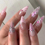 Popxstar  24pcs French Pink Fake Nails Reusable Short Almond 3D Argent Bow Design Gradient Press on Nails Finished False Nails Datachable