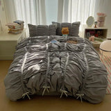 Solid Color Pleated Textured Soft Breathable Chic Princess 4pcs Bedding Set, Delicate Bows Twin Duvet cover Bed sheet Pillowcase