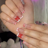 popxstar 24Pcs Pink French Style Fake Nails 3D Bowknot Designs Short Square Press on Nails Sweet Korean Fashion False Nail for Women Girl