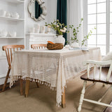 Vintage Hollow Lace Tablecloth with Tasseles Semi-Sheer Crochet Table Cover for Dining Room Kitchen Wedding Party Home Decor