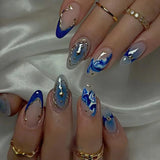 Popxstar 24pcs Romantic Y2k Star Press On Nails Gradient Blue French Style Gold Moon Designs Fake Nail Sweet Almond False Nails For Women