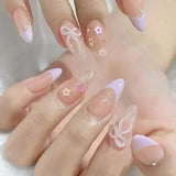 Popxstar 24Pcs Pink Almond False Nails Butterfly Ballet with French Design Wearable Fake Nails Simple Artificial Press on Nails Tips Art