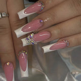 Popxstar  24Pcs Long Coffin Fake Nails Pink French Tips Press on Nails Ballerina Full Cover False Nail for Women and Girls DIY Manicure