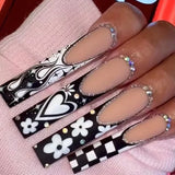 Popxstar 24Pcs Black French False Nails Long Ballet False Nail Wearable Simple Coffin Fake Nails with Rhinestone Press on Nail Tips