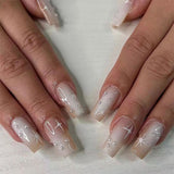 popxstar French White Tips Almond False Nails Y2K Black Star Designs Charm Fake Nail Full Cover Ballet Press on Nails Artificial Manicure
