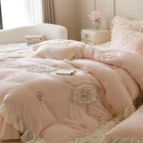 Popxstar  4Pcs Korean Princess Style Bedding Set Rose Flowers Embroidery French Lace Ruffles Milk Velvet Duvet Cover Bed Sheet Pillowcases