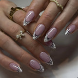 Popxstar  24pcs Almond Fake Nail Simple White French Fashion Bow Design Press on False Nails Tips Wearable Short Manicure Sets Finished