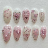 Popxstar 24pcs Sweet False Nail Patches Detachable Fake Nail Tips With Bowknots Love Heart Pearl Design Pink Almond Korean Press On Nail