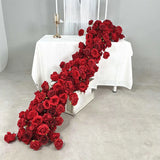 Popxstar Artificial Red Rose Green Plants Flower Row Long Runner Wedding Backdrop Decor Floral Arrangement Party Props Table Centerpiece