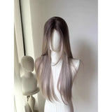 Popxstar Wig Long Straight Mixed Color Chocolate Gray 24 Inch Women's Lace Wig Natural Color Synthetic Wig for Cosplay