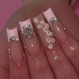 Popxstar 24pcs Rhinestones Design False Nails Press on Long Ballet Pink French Fashion Fake Nails Square Manicure Tips Wearable Finished
