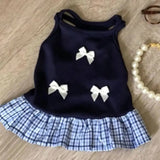 Kitten Navy Plaid Ruffle Hem Camisole Dress White Bow Decor Breathable Light Fabric For Balcony Lawn Leisure