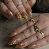 Popxstar 24pcs Long Stiletto Press on Nails Hot Girl Almond False Nails Nude Flower Rhinestones Full Cover Fake Nail Finished Manicure