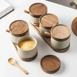 Popxstar Ceramic Seasoning Jar Retro Japanese Style Home Kitchen Salt Chili Sugar Jar Oil Pot Wooden Lid Spice Kitchen Utensils Modern