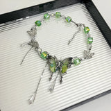 Popxstar  Y2K Hot Girl Green Butterfly Necklace Imitation Crystal Beaded Tassel Collarbone Chain Exquisite Fashionable Neckband Girls Gift