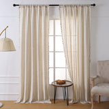 Popxstar Boho Floral Windows Beige Tassel Curtain Vintage Cotton Linen Blend for Bedroom Living Room Semi-Blackout Home Decoration Luxury