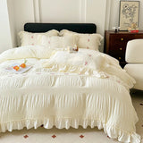 Popxstar Korean Princess Style Lace Ruffles Wedding Bedding Set Seersucker Washed Cotton Soft Duvet Cover Set Bed Sheet Pillowcase 3/4Pcs