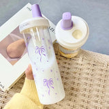 Original Design Purple Bow Water Cup With Straw Cute Coffee Bubble Milk Tea Plastic Cup Large Capacity Students Water Bottle New