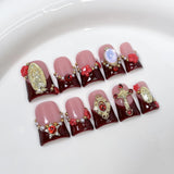 10pcs Duck Bill Press on Nails Sweet Cool French Fake Nails Patch 3D Black Flower Stick on Nails Metal Pearl Vintage False Nail