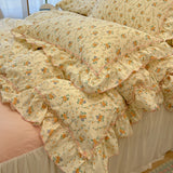 Popxstar 2/3Pc Korean Princess Style Floral Ruffles Bedding Set Single Queen Size Soft Skin-friendly Washed Cotton Duvet Cover Pillowcase