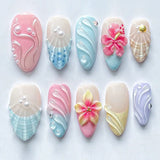 24pcs Pink Spring Summer Nail Art French Edge Fake Nails Sweet Pearl Star Shell False Nails 3D Flower Press on Nails Almond Nail