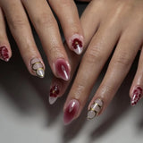 Popxstar 24pcs White Flower Fake Nail Tips Ins Yellow Pink Blush False Nails Wearable Full Cover European Almond Shaped Press on Nails