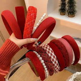 Popxstar French Red Velvet Headband Women Girls Christmas Twist Plaid Tweed Hairband Vintage Swallow Gird Sponge Hair Hoop Headwear Gift