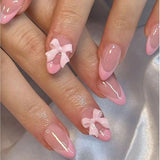 popxstar Pink French Style Fake Nails Almond Ballerina Press on Nails 3D Bowknot Designs Nude Color Stick-on False Nails Tips 24Pcs
