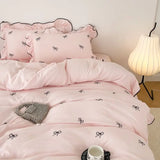 Popxstar 3pcs bow embroidery Bedding set ruffles Duvet Cover Set (1*Duvet Cover + 2*Pillowcase, Without Core)for bedroom guest room