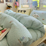 Popxstar  Cartoon Bedding Set Ins Korean Towel Embroidery Bed Linen Flat Sheets Set 2 Pillowcases Twin Double Queen Size Duvet Cover Set