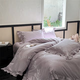 Popxstar  Flowers Embroidery Ruffles Purple Luxury Bedding Set 1000TC Egyptian Cotton Duvet Cover Flat/Fitted Bed Sheet Pillowcases 4Pcs