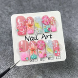 Popxstar  10pcs French Gradient Handmade Fake Nails Flower Rhinestone Design Spicy Girl Mid-length Square False Nails Tips Press on Nails