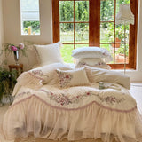 Popxstar  Premium Egyptian Cotton Luxury Wedding Bedding Set Flowers Embroidery Organza Lace Ruffles Duvet Cover Set Bed Sheet Pillowcases