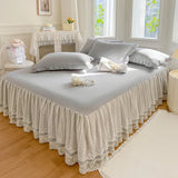 Popxstar shabby chic Princess Style Lace Bed Skirt + Pillowcases Bedding Bedspreads Sheet Pink Lace Bedding Set Solid color Bed For Girl Bed Cover