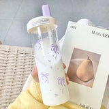 Original Design Purple Bow Water Cup With Straw Cute Coffee Bubble Milk Tea Plastic Cup Large Capacity Students Water Bottle New