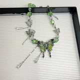 Popxstar  Y2K Hot Girl Green Butterfly Necklace Imitation Crystal Beaded Tassel Collarbone Chain Exquisite Fashionable Neckband Girls Gift