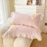 Popxstar 3Pcs Pink Skin-friendly Soft Three-dimensional Flowers Embroidery Lace Ruffles Princess Bedding Set Duvet Cover With Pillowcases