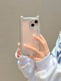 Cartoon Cute 3D Cat Ears Plating Silver Transparent Phone Cover For iPhone Air 15 14 13 12 16 17 Pro Max Case