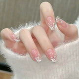 10Pcs Cat Eye Handmade Press on Nails French Coffin Acrylic Nails Dreamy Mermaid Pearl False Nail Romantic Sweet Fake Nails Art