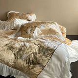 Popxstar  Luxury Gold Velvet Egyptian Cotton Patchwork Ruffles Vintage French Bedding Set Duvet Cover Flat/Fitted Bed Sheet Pillowcases